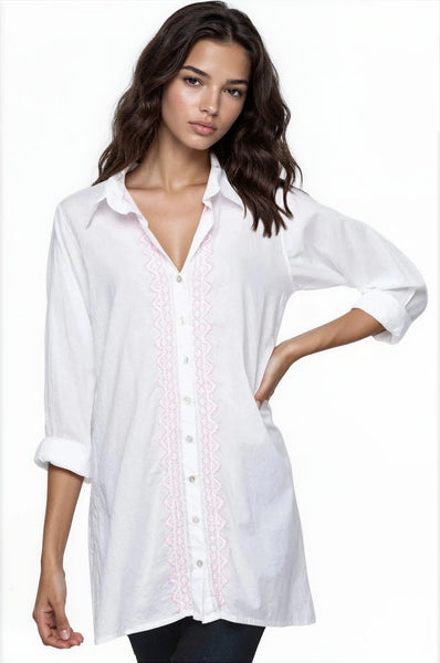 Ziggy Button Down Embroidery Shirt Dress in Washed Cotton - Subtle Luxury