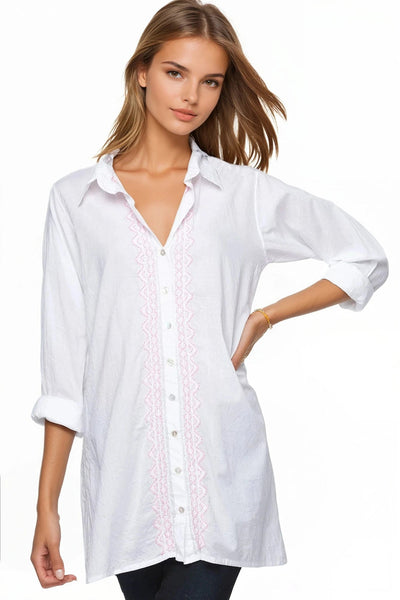 Ziggy Button Down Embroidery Shirt Dress in Washed Cotton - Subtle Luxury