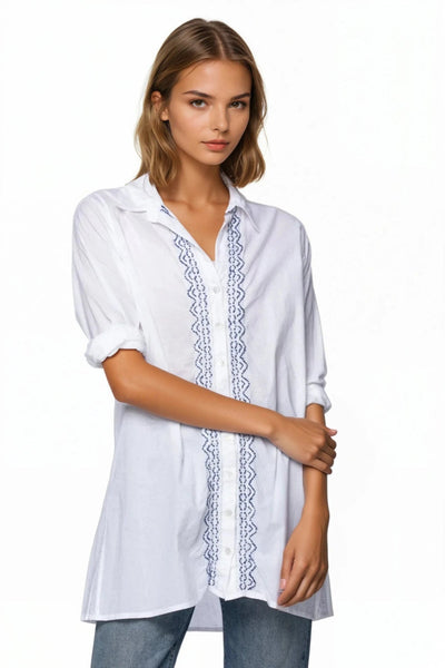 Ziggy Button Down Embroidery Shirt Dress in Washed Cotton - Subtle Luxury