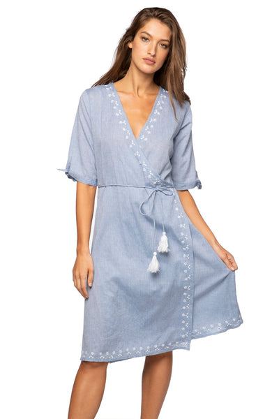 Cross Over Wrap Dress in Cotton Chambray Denim - Subtle Luxury