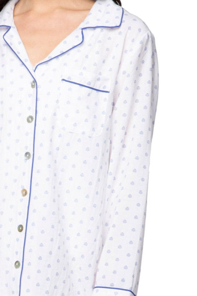 Loungerie by Subtle Luxury Pajama Nightshirt Cotton Chambray Night Shirt in White - Mini Blue Dot Print