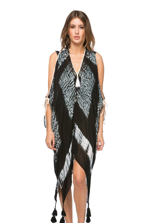 Pool to Party Coverup One Size / Black / 100% Viscose Open Shoulder Sundress in Tie Dye Black Mirror Fabric