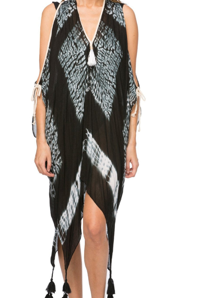 Pool to Party Coverup One Size / Black / 100% Viscose Open Shoulder Sundress in Tie Dye Black Mirror Fabric