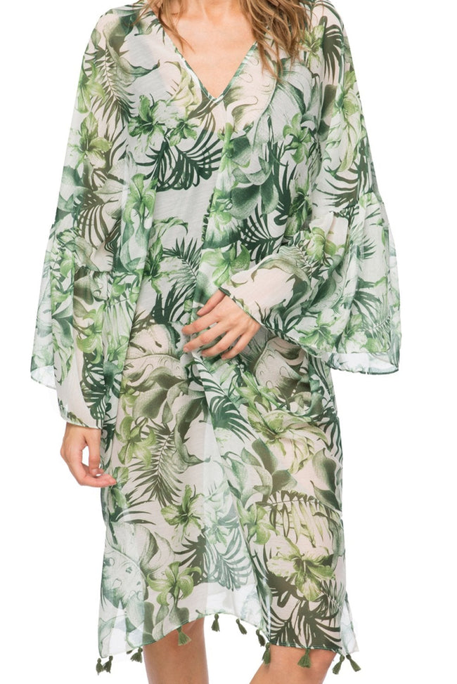 Pool to Party Kaftan Green / One Size / 100% Poly Palm Leaf Print Bell Sleeve Kaftan Coverup