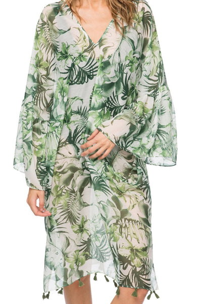 Pool to Party Kaftan Green / One Size / 100% Poly Palm Leaf Print Bell Sleeve Kaftan Coverup