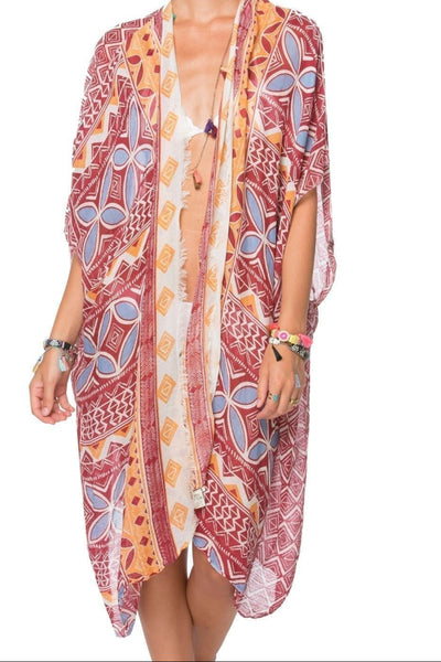 pool-to-party-kimono-red-Tribal Drum Soft Cotton Print Kimono Coverup