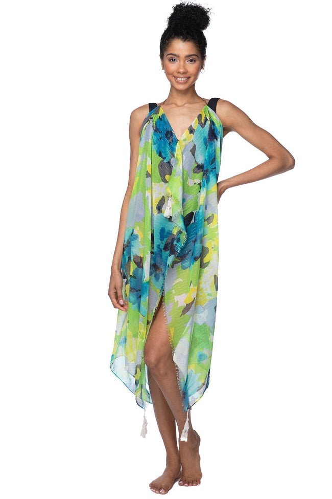 Pool to Party Maxi One Size / Lime / 100% Polyester Maxi Halter Sundress Coverup  in Luminous Blooms Print