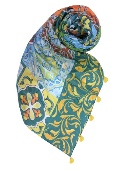 Spun Scarves Luxury Scarf Sunrise Mosaic Scarf in Green Sunrise Mosaic Print Luxury Scarf Sarong Wrap