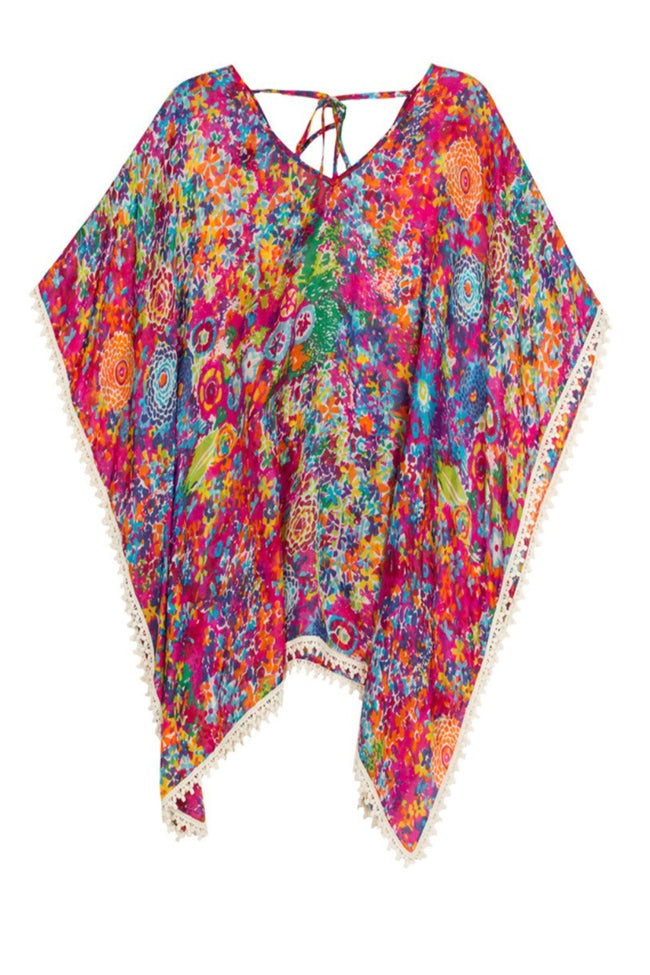 Subtle Luxury Shirts S/M / Dahlia Burst-Hot Pink 100% Silk V-Neck Pool Kaftan Top