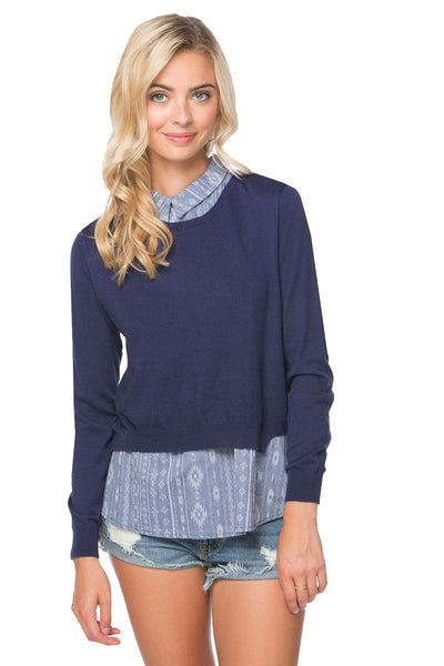 Subtle Luxury Sweater Layered Collar Shirt - Vintage Mixed Media Sweater Knit All in One