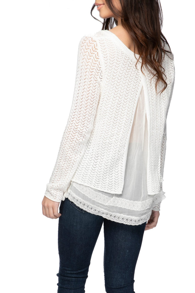 Subtle Luxury Sweater Novelty Textured Sweater Knit with Silk Lace Details